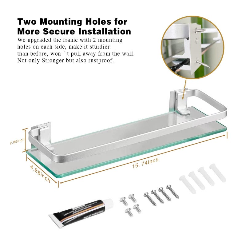 VOLPONE Glass Bathroom Shelf 15.7in Bathroom Shelf Wall Mounted Floating Glass Shelves with Towel Holder Glass Shelf for Bathroom 2 Tier (Sliver) - Image 3